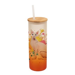 100 North 25 Ounce Frosted Glass Gradient Travel Tumbler With Straw & Wooden Lid, Sphynx Cat Paint Splatter Orange - 1 of 4