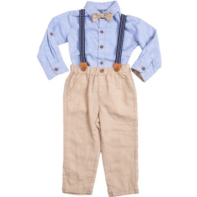 Image of Little Lad Infant 4 Piece Suspender Pants Set, Tan, 24M