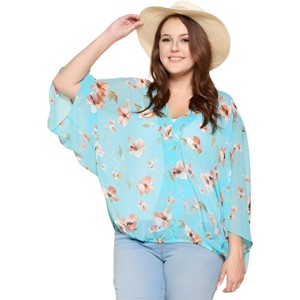 Slickblue Sophisticated Plus Size Floral Chiffon Surplice Top with Bell Sleeves & Elastic Hem, 1XL-3XL, Black/Mint - 1 of 4