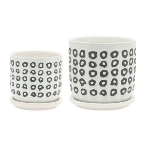 Gulches 2 Piece Ceramic Aztec Planters w/ Saucers, Sizes 4.5x4.5x4.5" & 6x6x5.75" - Perfect for Hall, Bedroom, Florist etc. - 1 of 4