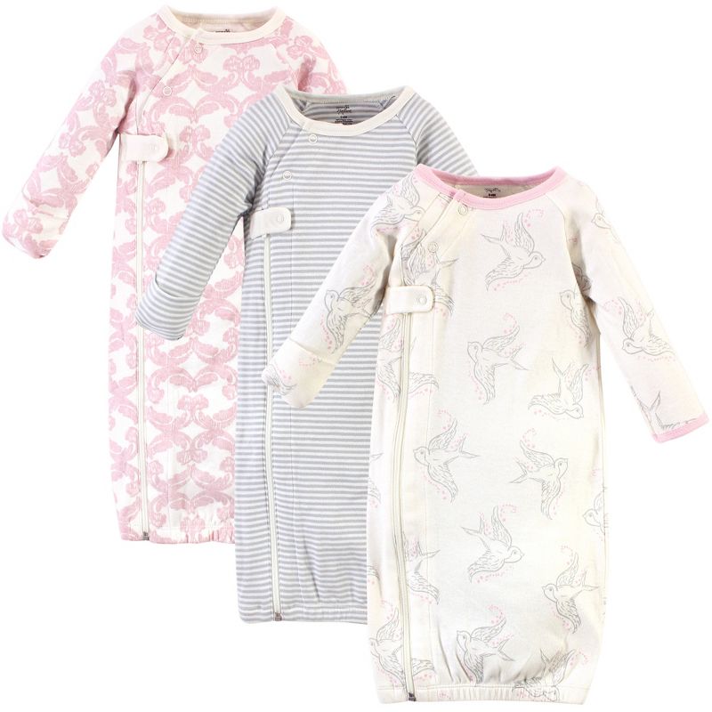 Touched by Nature Baby Girl Organic Cotton Zipper Long-Sleeve Gowns 3pk, Bird Side Zipper, 1 of 6