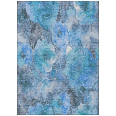 Blue And Gray Floral Washable Indoor Outdoor Area Rug