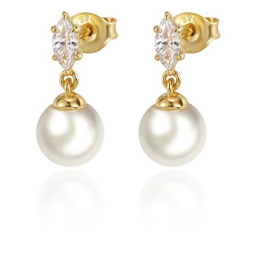 Molenia Freshwater Pearl Dangle Earrings, Minimalist CZ Diamond Sterling Silver Pearl Earrings for Her Bridesmaid Gift
