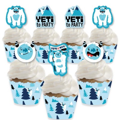 Big Dot of Happiness Yeti to Party - Cupcake Decoration - Abominable Snowman Party or Birthday Party Cupcake Wrappers and Treat Picks Kit - Set of 24