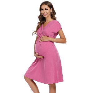 Clearlove 2025 Summer Maternity Nursing Dress Baby Shower Short Sleeves A-line Midi Pregnancy Dress - 1 of 4