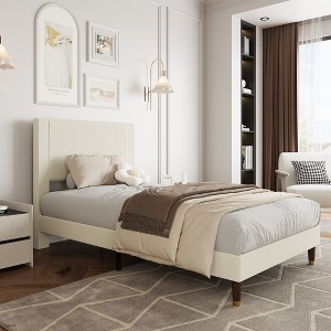 Coucheta Twin Bed Frame with Upholstered Headboard, Beige Corduroy Upholstered Platform Bed, Wooden Slats, No Box Spring Needed, Noise Free - 1 of 4