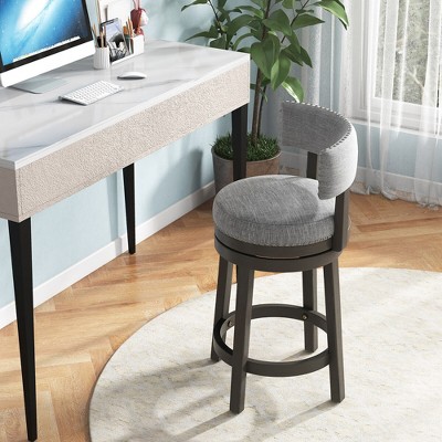 Gray Upholstered Swivel Bar Stools with Rubber Wood Legs, Set of 2