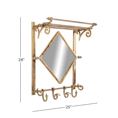 Vintage Brass and Brown Wood 25" Wall Rack with Diamond Mirror and Hooks