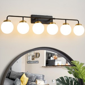 POWLIG 45.28-in 6-Light Black&Gold Bathroom Light Fixtures Over Mirror Vanity Lighting with Milk White Glass Globe Shades - 1 of 4