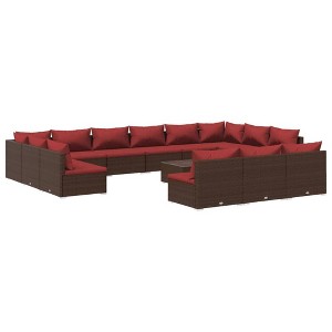 vidaXL 14 Piece Patio Lounge Set: Comfortable Outdoor Furniture with Cushions, Durable PE Rattan Material - Brown with Cinnamon Red Cushions - 1 of 4