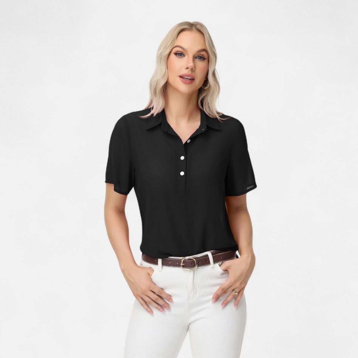 Anna-Kaci Women's Short Sleeve Collared Blouse with Button Placket and Relaxed Fit Design - thumbnail 2
