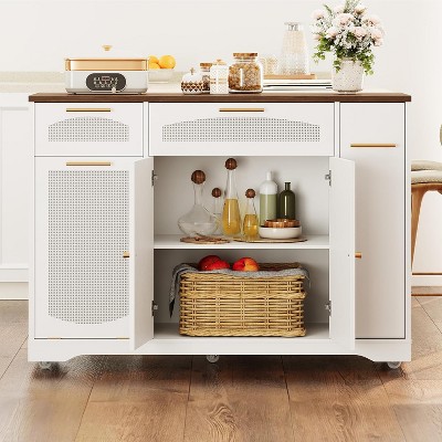 Kitchen Island with Foldable Leaf Top & Rattan Cabinets - 53.1" Countertop, 2 Drawers, Wheels with Brakes, Spice Rack, Mobile Prep Station