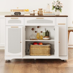 Kitchen Island with Foldable Leaf Top & Rattan Cabinets - 53.1" Countertop, 2 Drawers, Wheels with Brakes, Spice Rack, Mobile Prep Station - 1 of 4