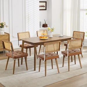 Mid Century Modern Dining Chairs with Natural Handwoven Rattan Cane Back and Upholstered Velvet Green Fabric, Featuring Sturdy Wooden Legs - 1 of 4