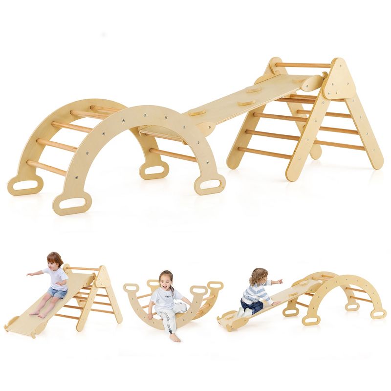 Costway 3-in-1 Kids Climber Set Toddler Wooden Play Arch with Sliding and Climbing Ramp, 1 of 11