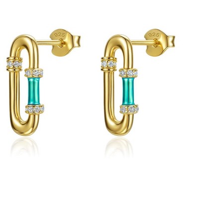 Molenia 14k Gold Paperclip Stud Earrings for Women,  925 Sterling Silver Oval Pin Zircon Dainty Geometric Earrings Simple Jewelry