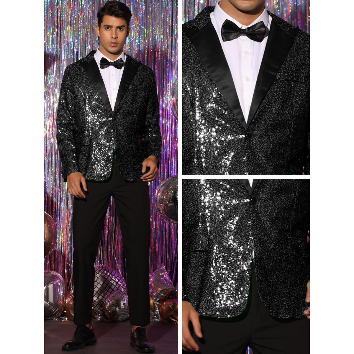 Мужские пиджаки INSPIRE CHIC Men's Peak Lapel Color Block Shiny Sparkle Sequin Blazer White Large — фото 4