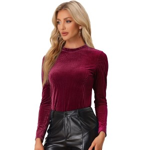 INSPIRE CHIC Women's Mock Neck Long Sleeve Ribbed Knit Solid Blouse - 1 of 4