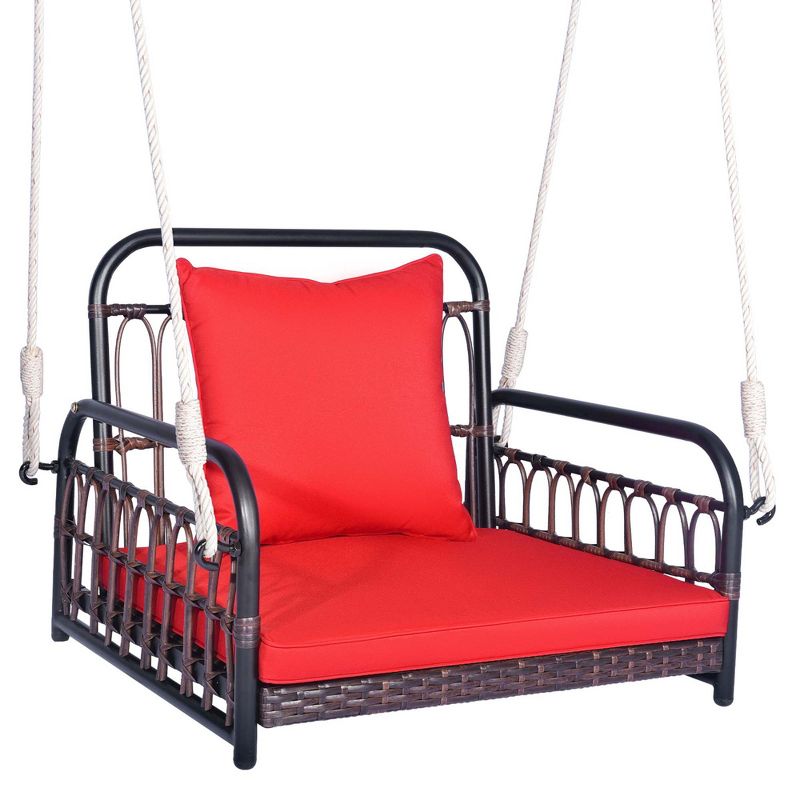 Costway Patio Hanging Rattan Basket Chair Swing Hammock Chair with Seat Cushion, 4 of 11