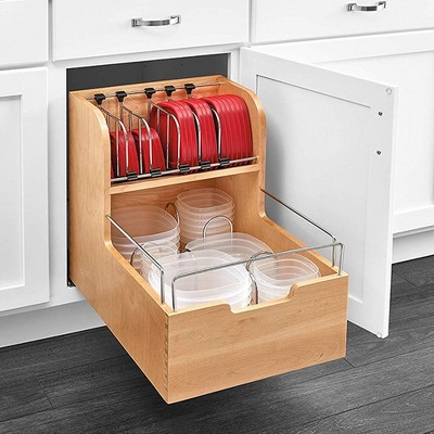 Natural Wood and Chrome Kitchen Cabinet Organizer with Soft-Close
