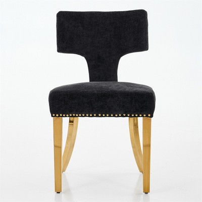 OUTSUPPLY Black Set of 2 Modern Farmhouse Dining Chairs, Chenille Upholstery with Copper Nailhead Trim & Stainless Steel Legs