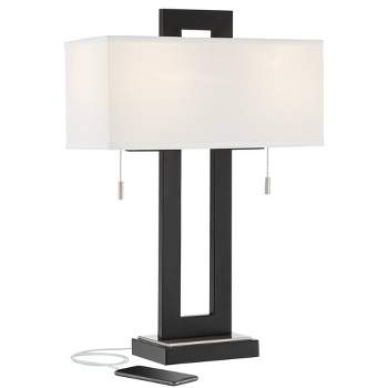 360 Lighting Neil Modern Rustic Table Lamp 26" High Black Metal with USB Charging Port White Rectangular Shade for Bedroom Living Room Bedside Desk