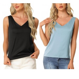 INSPIRE CHIC Women's 2 Pcs Tank Top Silky Satin Casual Basic V Neck Sleeveless Camisole - 1 of 4