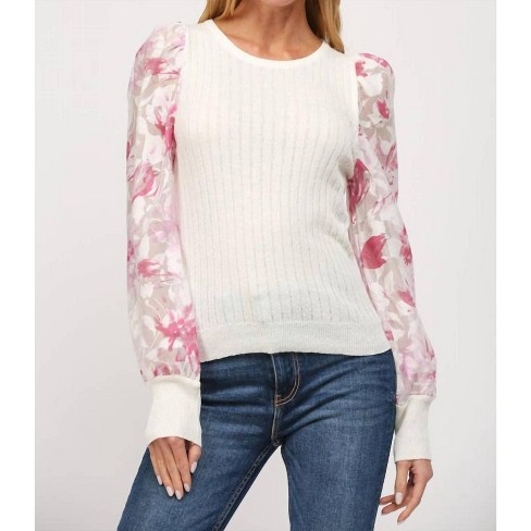 Women's Floral Print Organza Sleeve Cable Knit Sweater - Fate - image 1 of 4