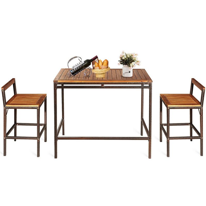 Costway 3 PCS Patio Rattan Wicker Bar wood Table Chair Outdoor, 2 of 11