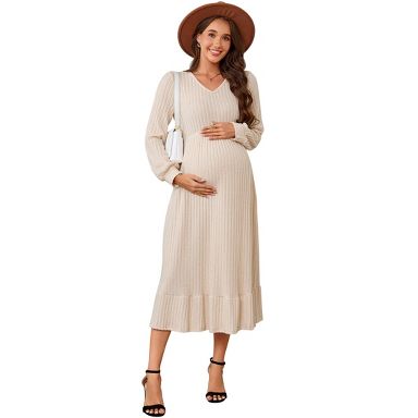 long flowy dresses maternity YESFASHION Midi Dress V‐Neck Lantern Long Sleeve Pregnancy Ruffle Hem Ribbed Casual Dresses,L,Apricot Mom-XXL