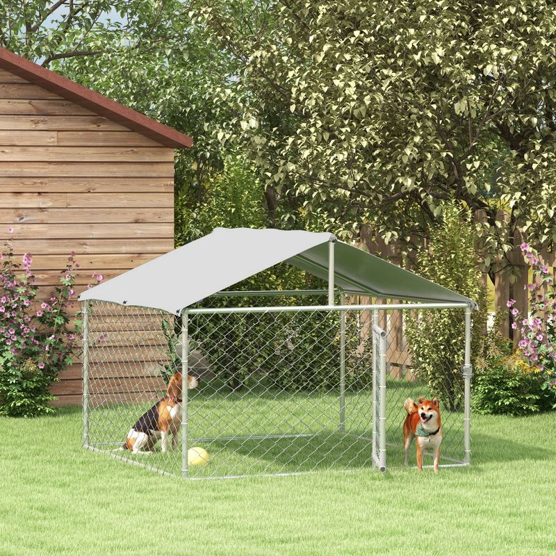 PawHut Dog Kennel, Outdoor Dog Run with Waterproof, UV Resistant Roof for Small and Medium Dogs, Silver, 2 of 7