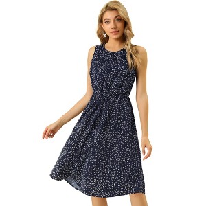 Allegra K Women's Floral Split Neck Drawstring Waist Sleeveless A-Line Summer Midi Dress - 1 of 4