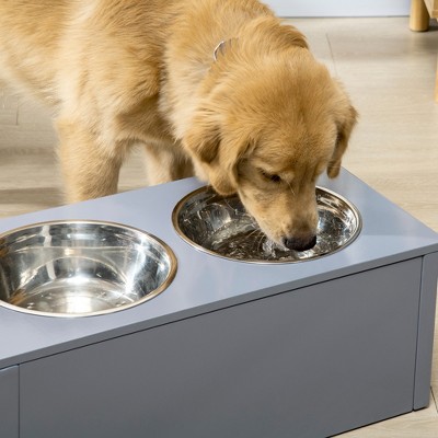 Gray Elevated Dog Bowl Stand with Storage and Stainless Steel Bowls