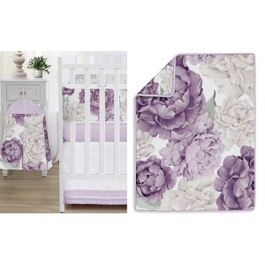 Sweet Jojo Designs Girl Crib Bedding + BreathableBaby Breathable Mesh Liner Pad Peony Floral Garden Purple Ivory and Green - 1 of 4