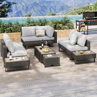 KTMBDW 6-Pers Diamond Weave Patio Sectional Furniture Set with Extendable Coffee Table, Ice Bucket,Collapsible Seat,Conversation Set  for Garden Porch