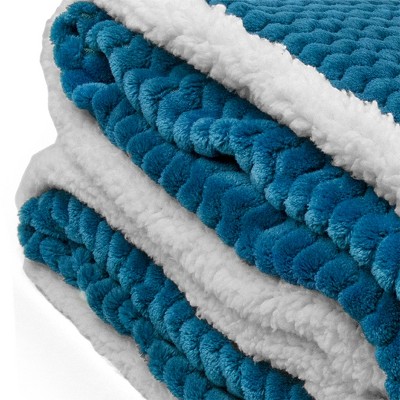 Reversible Teal Blue Sherpa Fleece Throw Blanket