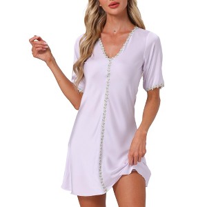 INSPIRE CHIC Womens Nightgown Floral Satin A-line Sleepdress Soft V Neck Short Sleeve Loungewear - 1 of 4