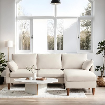 Atopston 90" Sectional Sofa, Mid-Century Modern L Shaped Couches 3-Seat Fabric Upholstered Sofa with Chaise for Living Room, Beige Linen