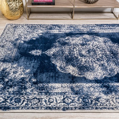 Navy and Ivory Rectangular Synthetic Medallion Area Rug