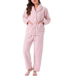 INSPIRE CHIC Women's Fleece Fluffy Plush Winter Button Down Tops with Pants Warm Pajama Sets - 1 of 4