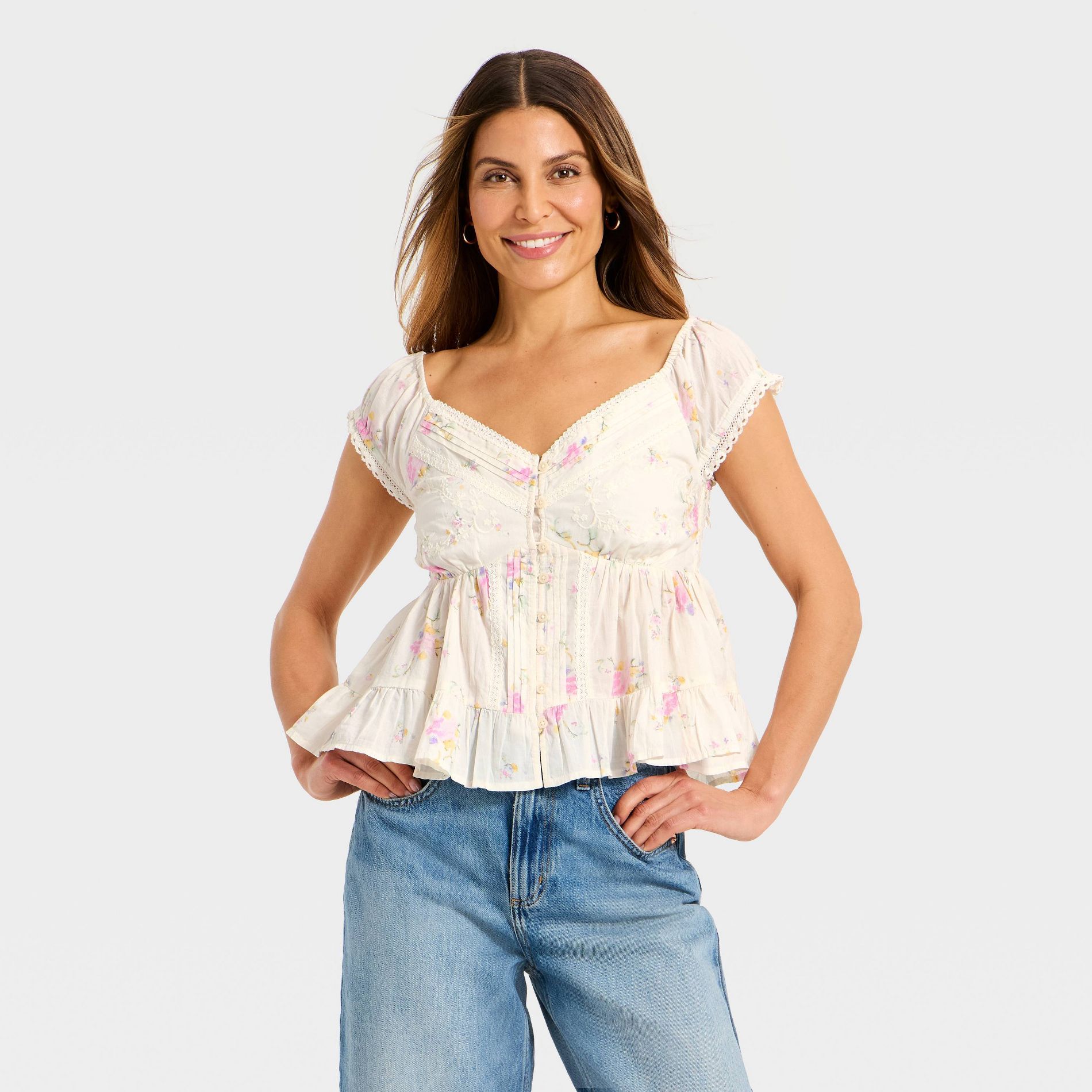 Women's Puff Short Sleeve Pintuck V-Neck Blouse - Universal Thread™ Cream Floral