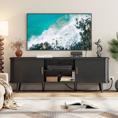Gikpal 59" TV Stand, Fluted TV Stand for TVs up to 65", Entertainment Center with Storage Compartment and Sliding Doors, Power Outlet, Living room