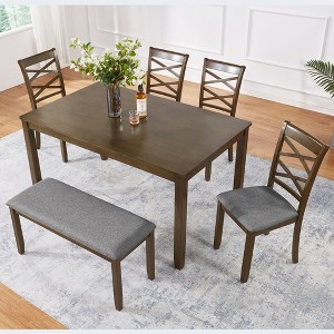 Grungis 6 Piece Rectangular Dining Table Set,Wooden Dining Table for 4 Upholstered Chairs and Bench with X-shaped Back,Dining Set for Kitchen - 1 of 4