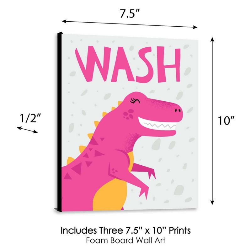 Big Dot of Happiness Roar Dinosaur Girl - Kids Bathroom Rules Wall Art - 7.5 x 10 inches - Set of 3 Signs - Wash, Brush, Flush, 5 of 8