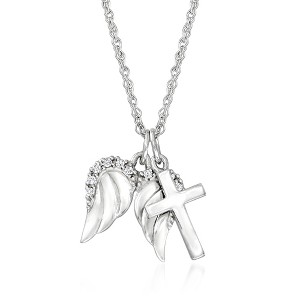 Ross-Simons 14kt White Gold Cross and Angel Wings Pendant Necklace With Diamond Accents - 1 of 3