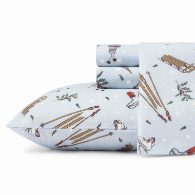 Blue Cotton Flannel Queen Sheet Set with Snow Days Print