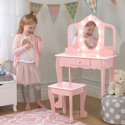 Kids' Vanity Set with 3 Mirrors and Light, Makeup Table and Stool for Girls