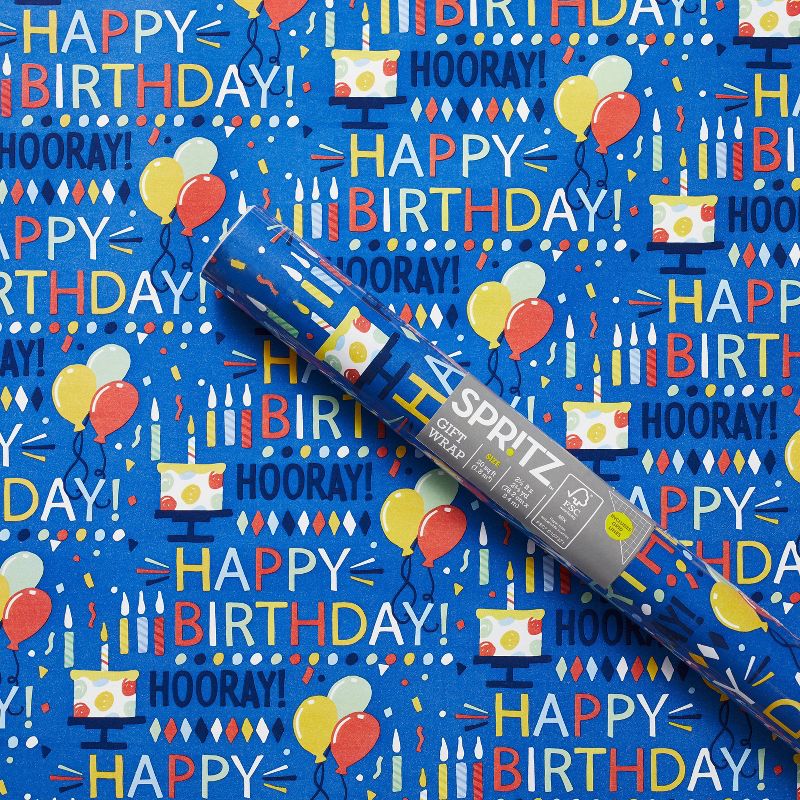 &#34;Happy Birthday&#34; Script and Balloons Gift Wrapping Paper Blue - Spritz&#8482;, 1 of 4