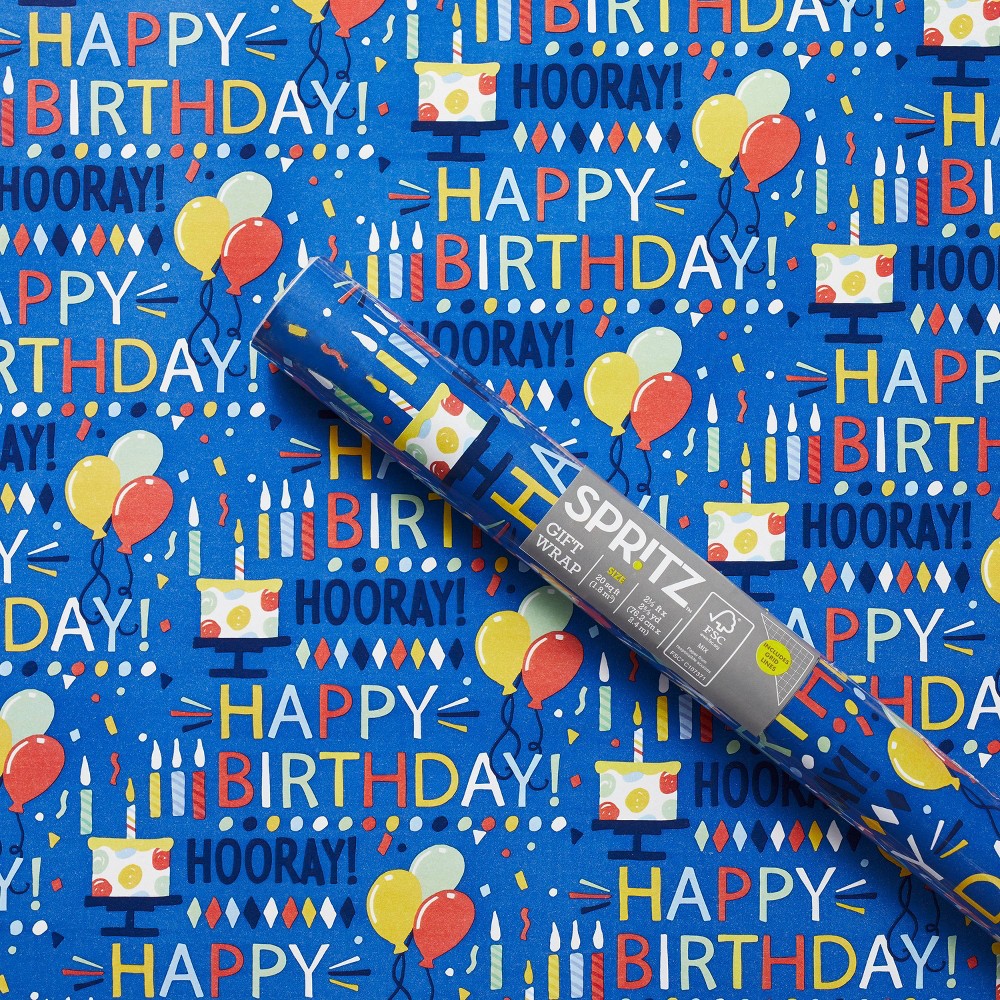 Photos - Other Souvenirs "Happy Birthday" Script and Balloons Gift Wrapping Paper Blue - Spritz™