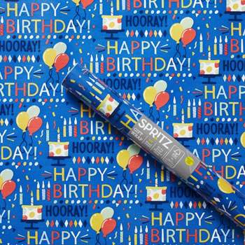 "Happy Birthday" Script and Balloons Gift Wrapping Paper Blue - Spritz™
